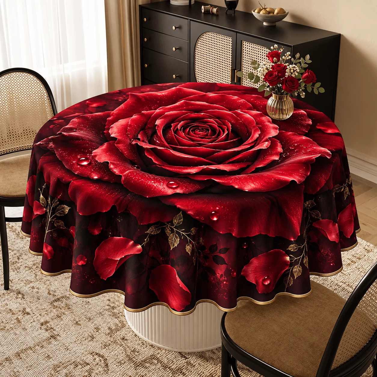1 round tablecloth, romantic red rose print polyester tablecloth, burgundy gradual change with golden leaves and petal elements