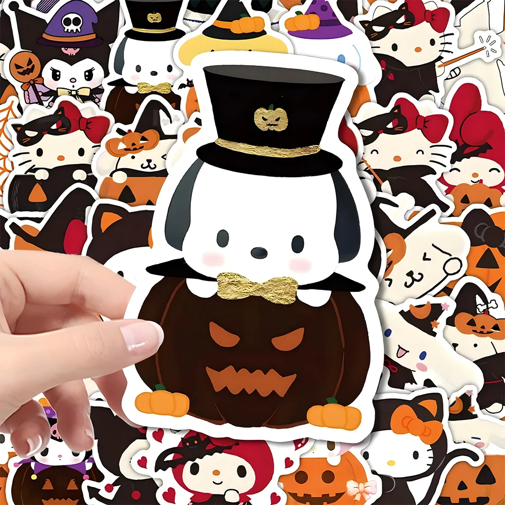 10/30/63 pçs kawaii dos desenhos animados halloween sanrio kitty kuromi melodia adesivos diy bagagem portátil telefone skate criança decalques brinquedo presente