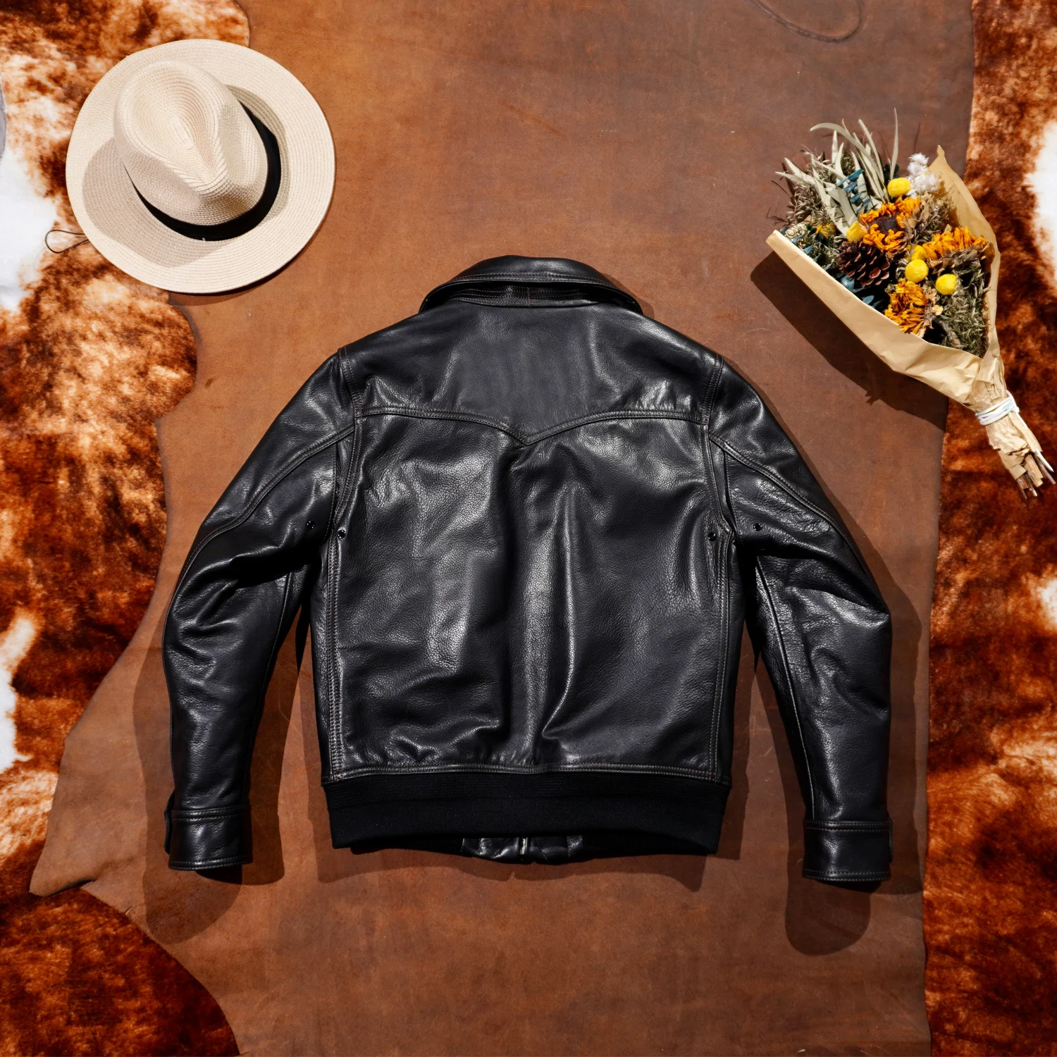 American Retro American Water-dyed Cowhide A2 Flight Jacket Men's Lapel Ribbed Bottom Hem Slim Short Motorcycle Leather Jacket