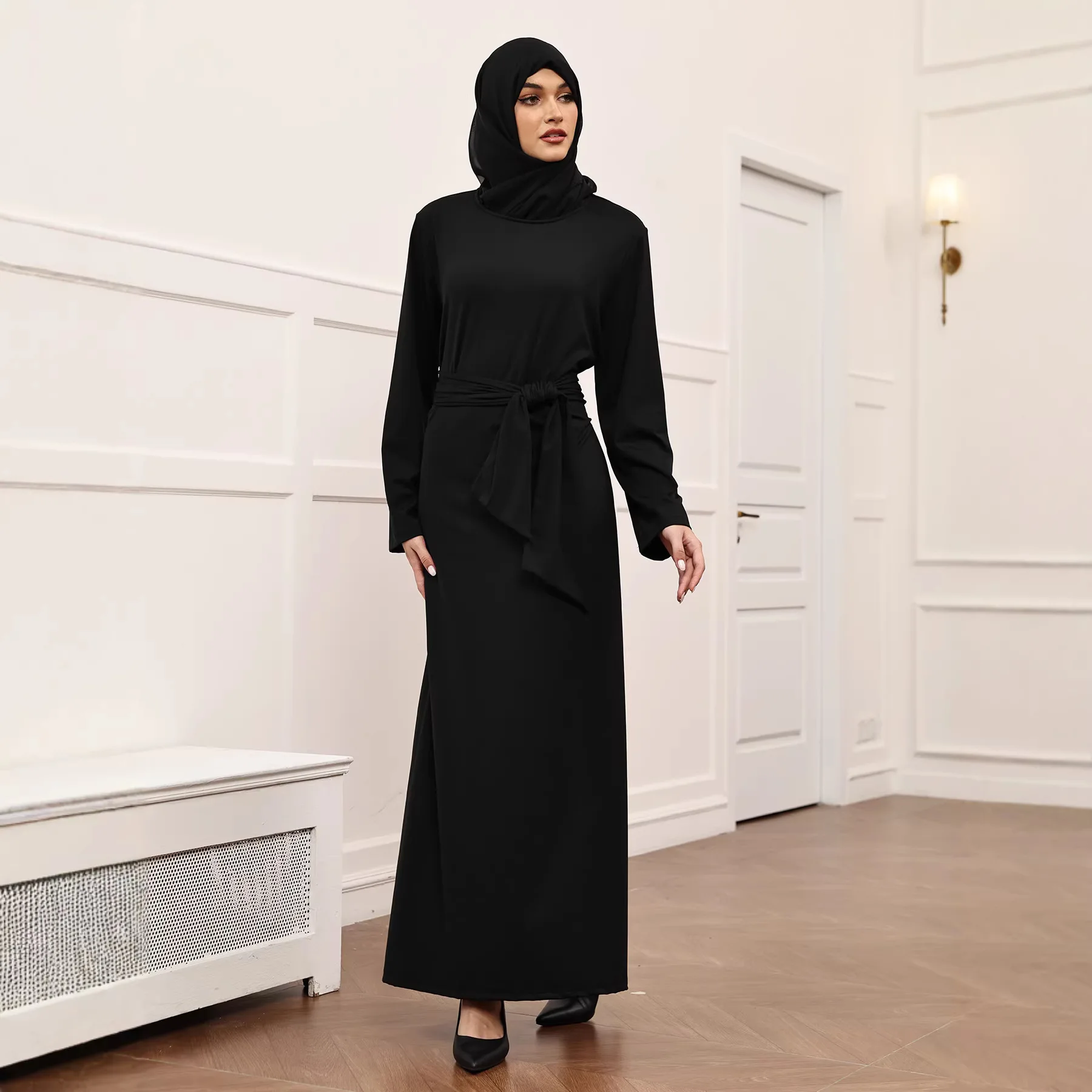 

Новое мусульманское платье-абайя с хиджабом, однотонное, с поясом, длинное, для женщин, в стиле Турции, Аравии, Дубая, исламская одежда, роба