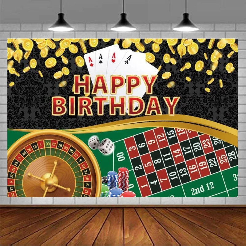 

Casino Games Happy Birthday Backdrop Falling Gold Coins Poker Playing Cards Chips Dices Party Decoration Las Vegas Gamble Table