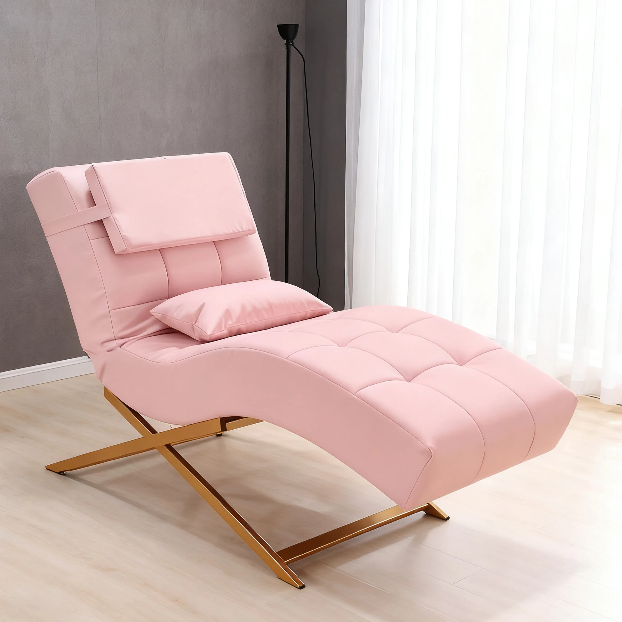 Luxury Curved Lash Bed Pink PU Golden X Shape Metal Frame Manual Reclining Facial Massage Chair for Eyelash Extension Beauty Sal