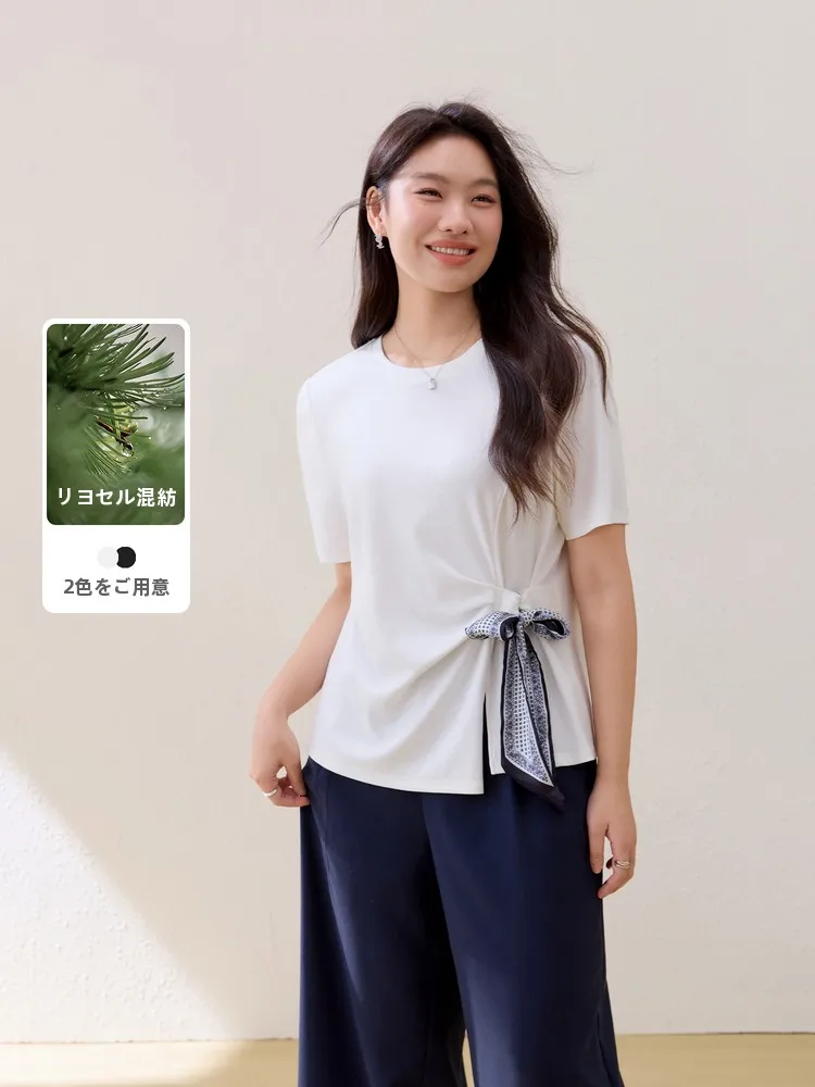 

Comfortable Elastic T-Shirt with Silk Scarf Lyrical Summer New Arrival plus Size Women's Fashion Korean Style Slim Fit Short ...