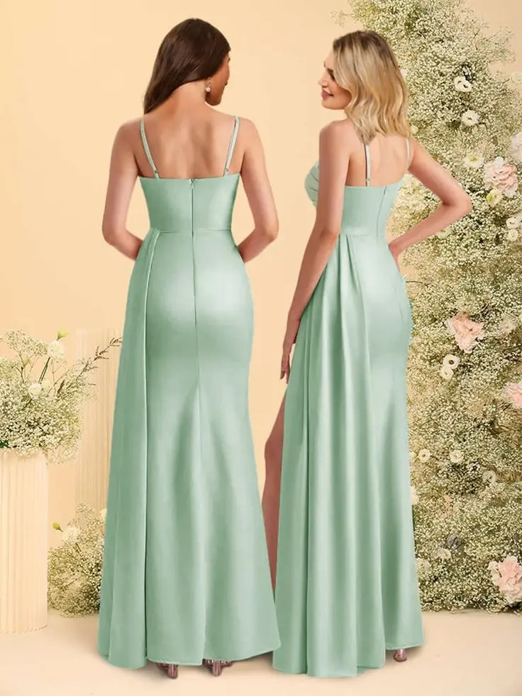 Sky Blue Mermaid One-Shoulder Long Bridesmaid Dresses with Split Side Stretchy Satin Formal Party Gowns