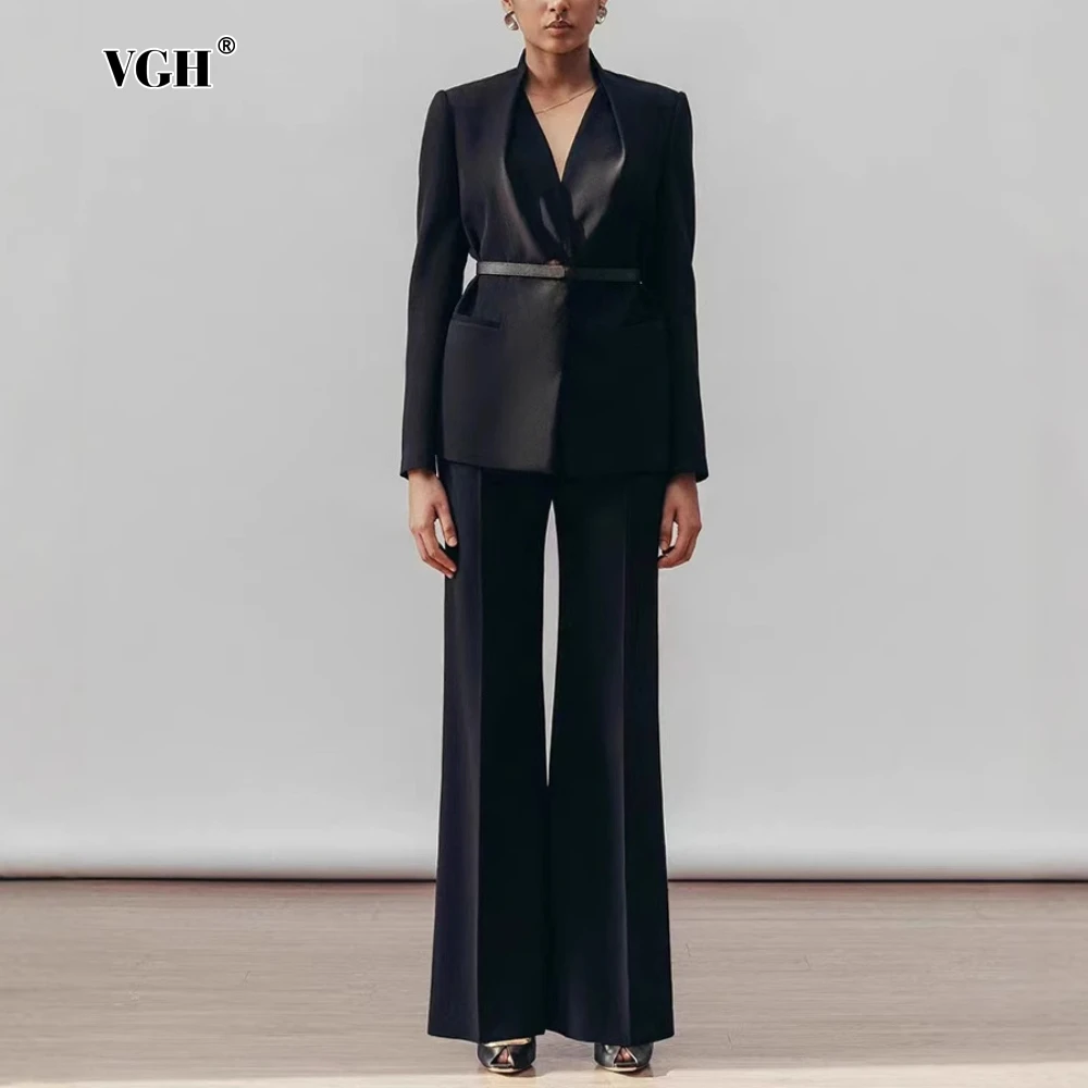 VGH Formal Celebraity Two Piece Set for Women V Neck Long Sleeve Blazer with Sashes High Waist Straight Pant Chic Outfit Female