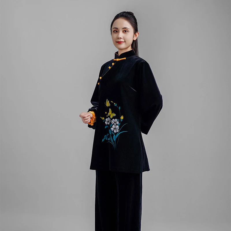 Kun Master Thicken Velvet Taichi Uniform Elegant Winter Martial Arts Suit Embroidery Kung Fu Clothes Taiji for Women