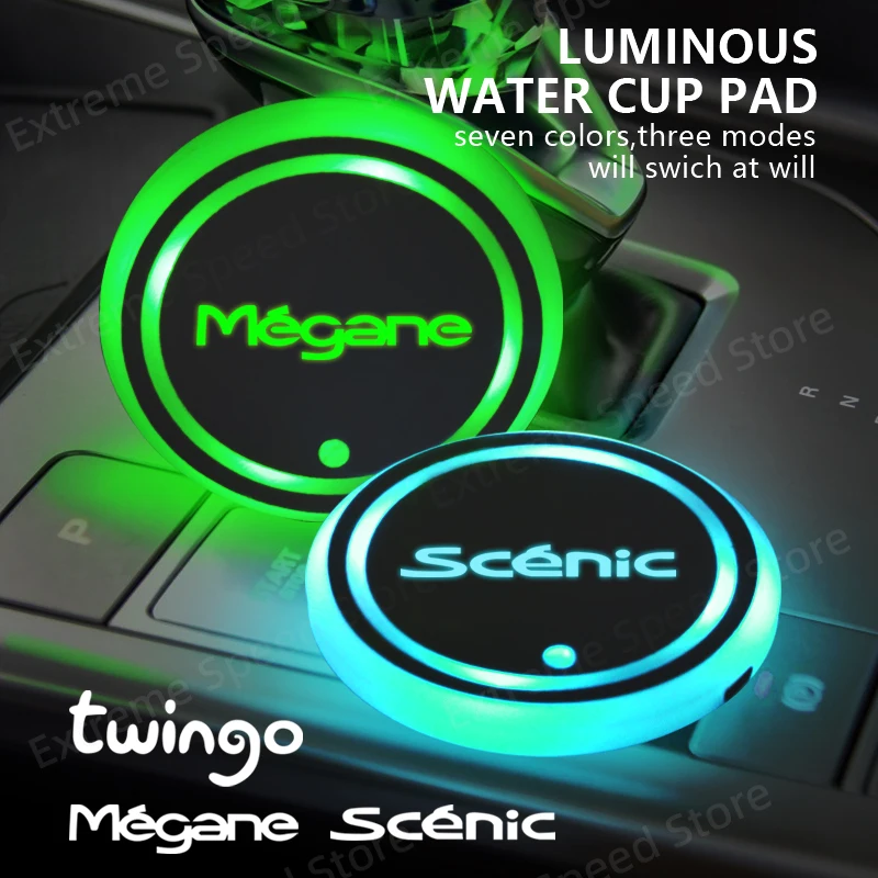 For Megane Scenic Twingo RS GT Sport Logo Car Water Cup Coaster 7 Colorf LED Drink Holder Mats Atmosphere Light Accessories