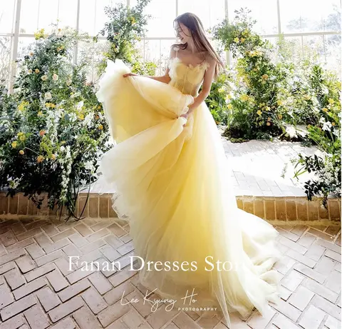 FANAN 스파게티 스트랩 Tulle a 라인 이브닝 파티 드레스 한국 노란색 웨딩 여성 가운 이벤트 댄스 파티 드레스 맞춤형