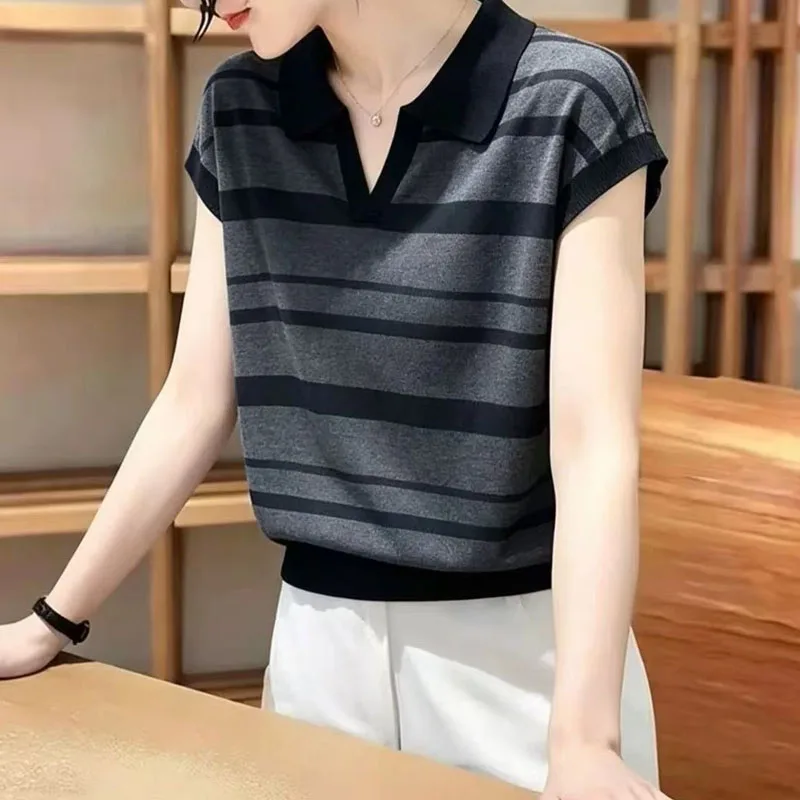 

New Summer Knitted Sweater Women Pullovers Short Sleeve Striped Turn Down Collar Knit Sweater Pullover Women Tops Sweaters Q5574