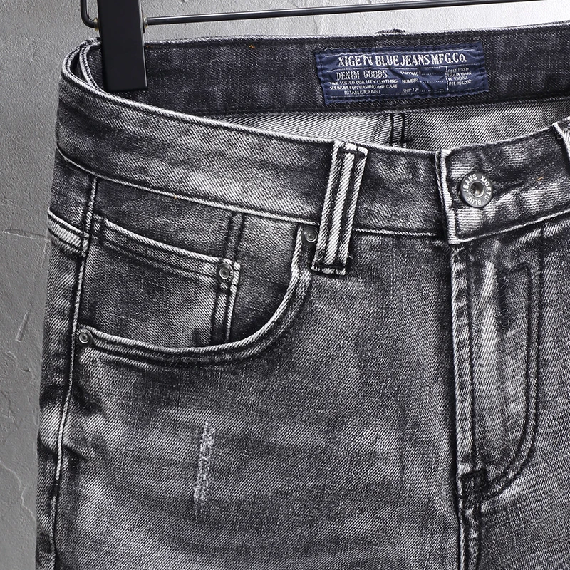Fashion Vintage Men Jeans High Quality Retro Dark Gray Stretch Slim Fit Ripped Jeans Men Trendy Designer Denim Pants Hombre