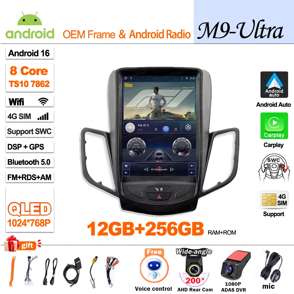 Voor Ford Fiesta MK 7 2009-2014 2015 2016 Android 16 Multimedia Videospeler Mirror Link GPS Navigatie Touchscreen Tesla Stijl