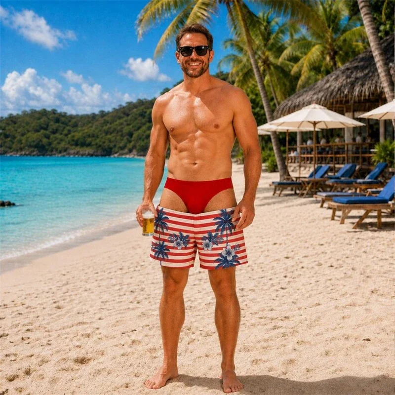 Men Crazy Fake Bikini Waist Swim Trunks Red White Stripe Palm Tree Print Fun Party Beach Shorts
