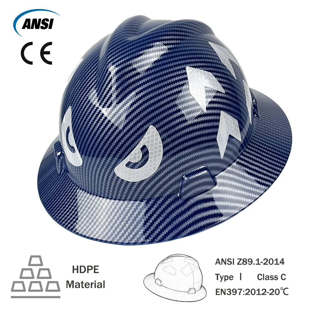 قبعة صلبة بحافة كاملة من CE مع ملصقات عاكسة وخفيفة الوزن وعالية القوة لخوذة أمان مهندس HDPE