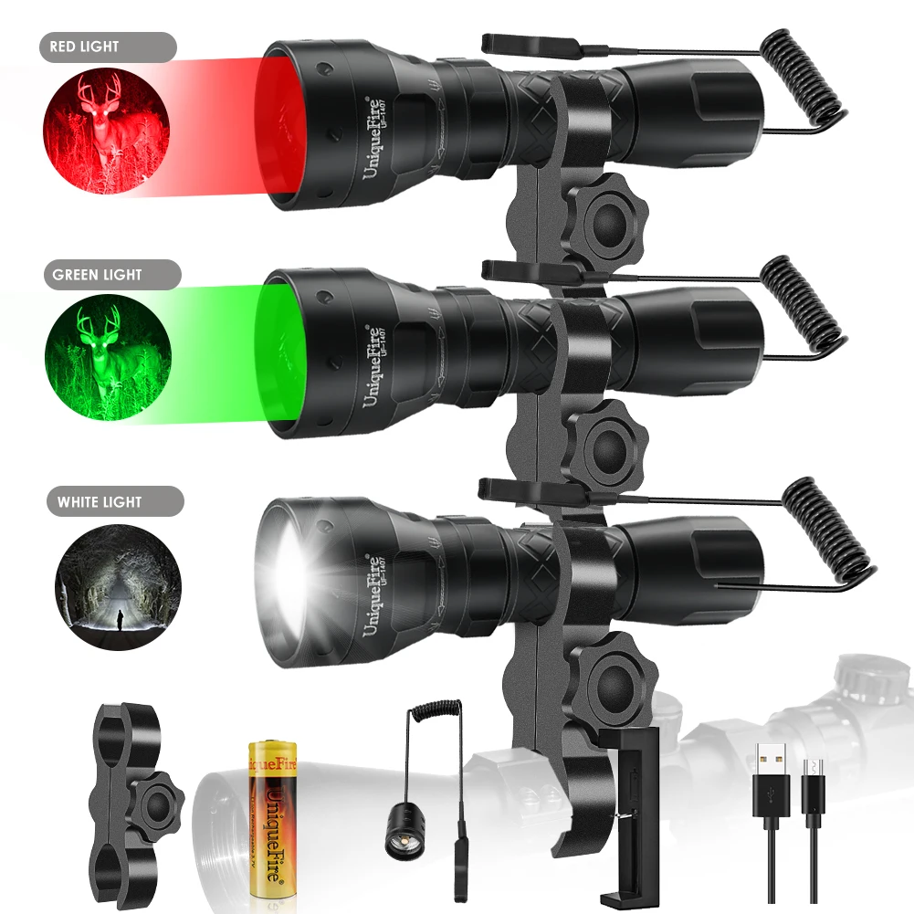 UniqueFire 1407 High Power Waterproof XRE (Red/White/Green Light) LED Flashlight 3 Modes Zoomable Focus Tactical  For Hunting