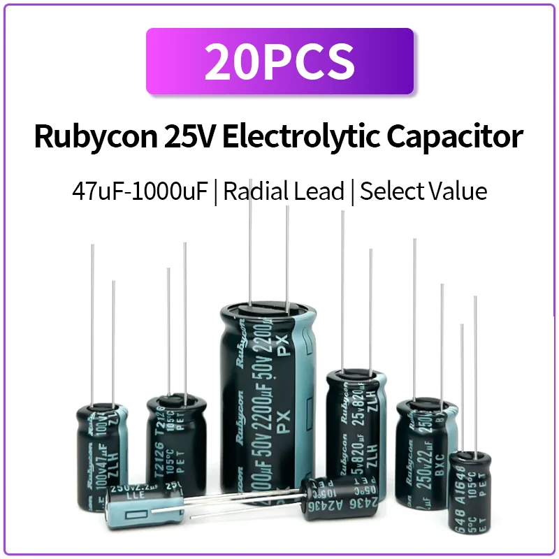 20PCS Rubycon 25V Aluminum Electrolytic Capacitor 47uF 100uF 220uF 330uF 470uF 680uF 820uF 1000uF Radial Lead PCB Mount