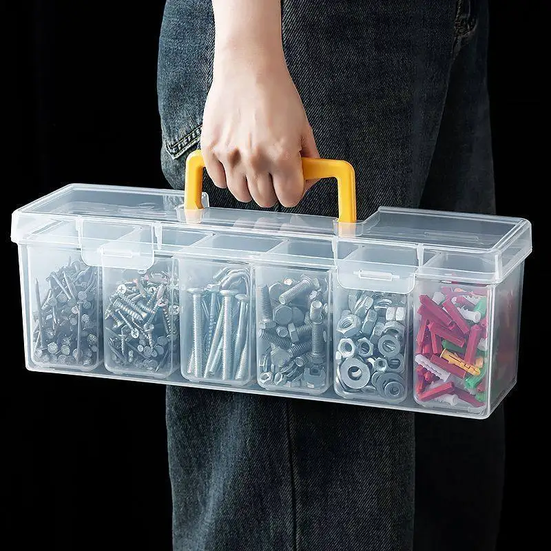 Large Capacity Hardware Storage Box, Portable Tool Parts Organizer with 6 Removable Bins, Clear Plastic Sorting Case for Screws