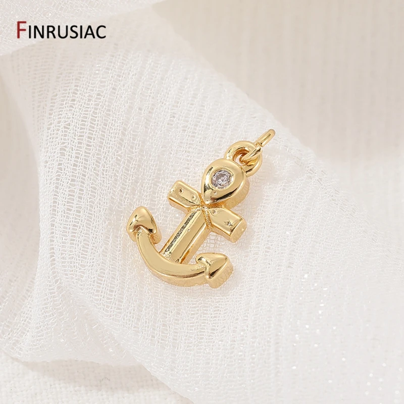 14K Gold Plated Brass Anchor Charms pendant For Jewelry Making, Inlaid Zircon Lightning Pendant Necklace Making Findings