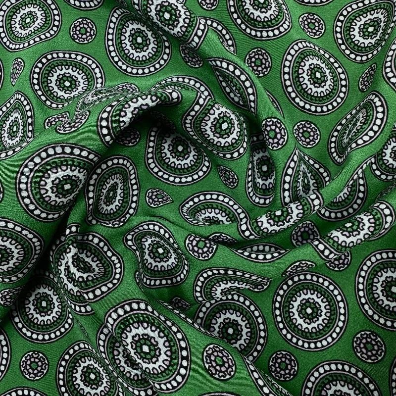 

1 meter 100% Mulberry Silk 19 momme Crepe Silk Fabric Dark Green Cute Circles Printed 114cm 44" wide by the yard JX110
