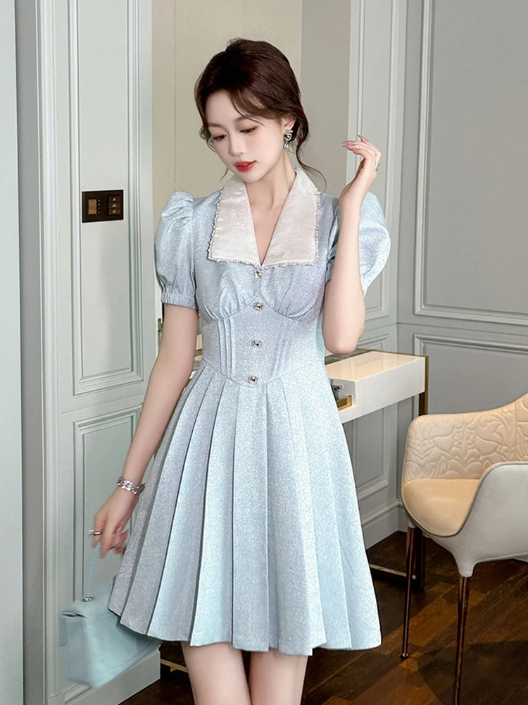 New Summer French Sweet Vintage Puff Sleeve A-Line Dress Women Peter Pan Collar Corset Slim Party Prom Vestidos Street Clothes