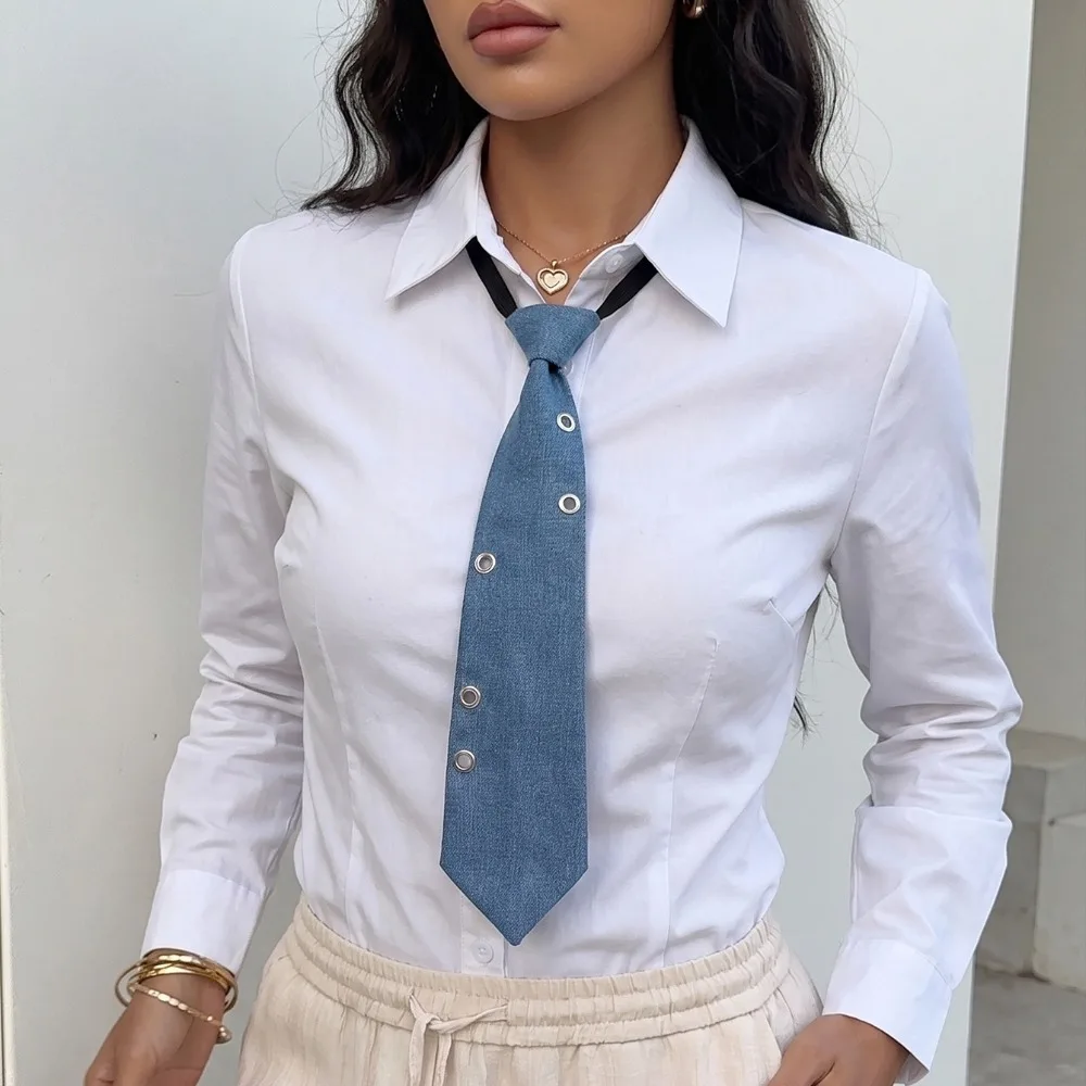 New Casual Women's Denim Pearl Neck Tie Clip-on Sweet Cool Style for Student School Shirt Collar Daily Party Jewelry