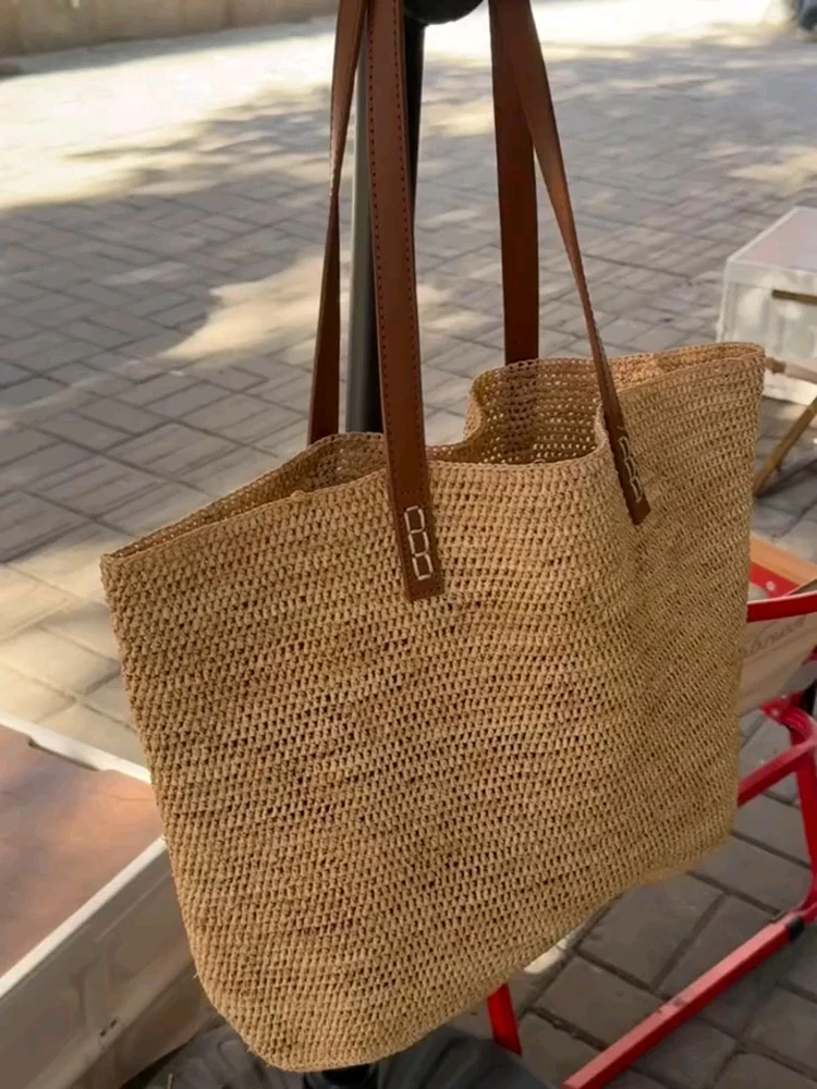 

Сумка из чистой воловьей кожи, тканая сумка с ручкой Rfia для пляжа, путешествий, сумка на одно плечо, женская сумка