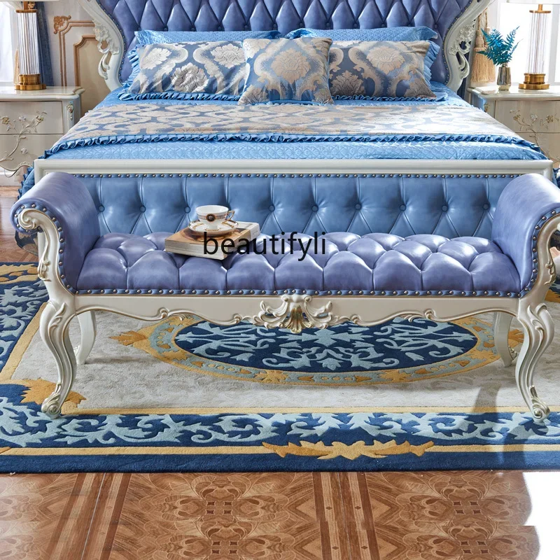 

B03 All solid wood European bedside stool bedroom shoe changing stool carved leather princess stool