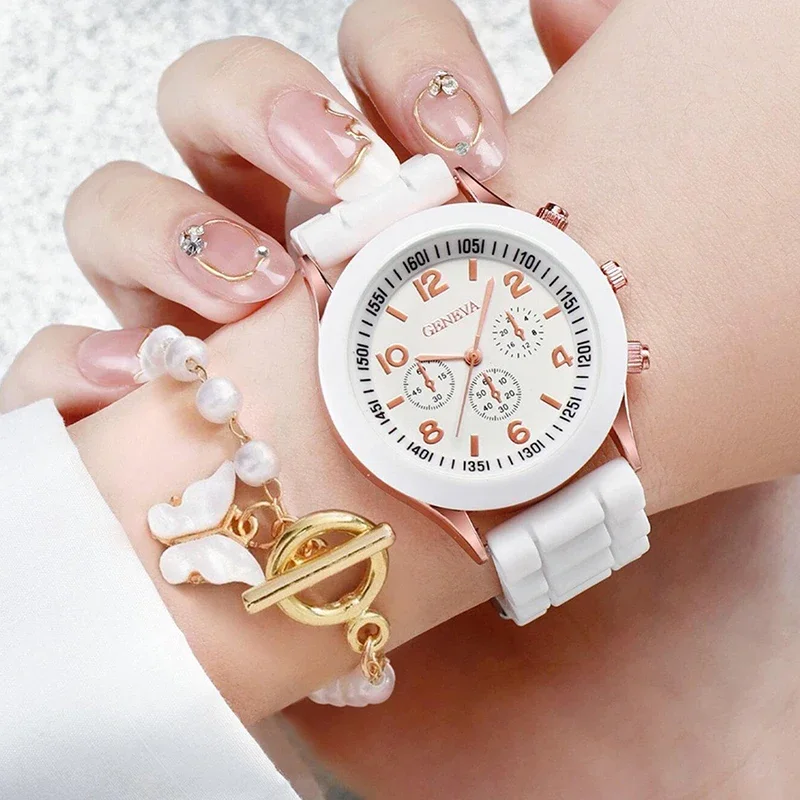 5Pcs/set Fashion Women Watch Round Dial Classic Watches Women Simple Clock& Jewelry Set For Female Gift