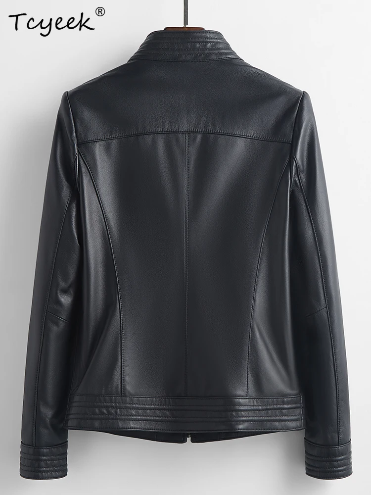Tcyeek Chaqueta de Cuero de piel de oveja para mujer primavera otoño cuello levantado de manga larga Chaqueta corta negra para motocicleta Chaqueta Cuero