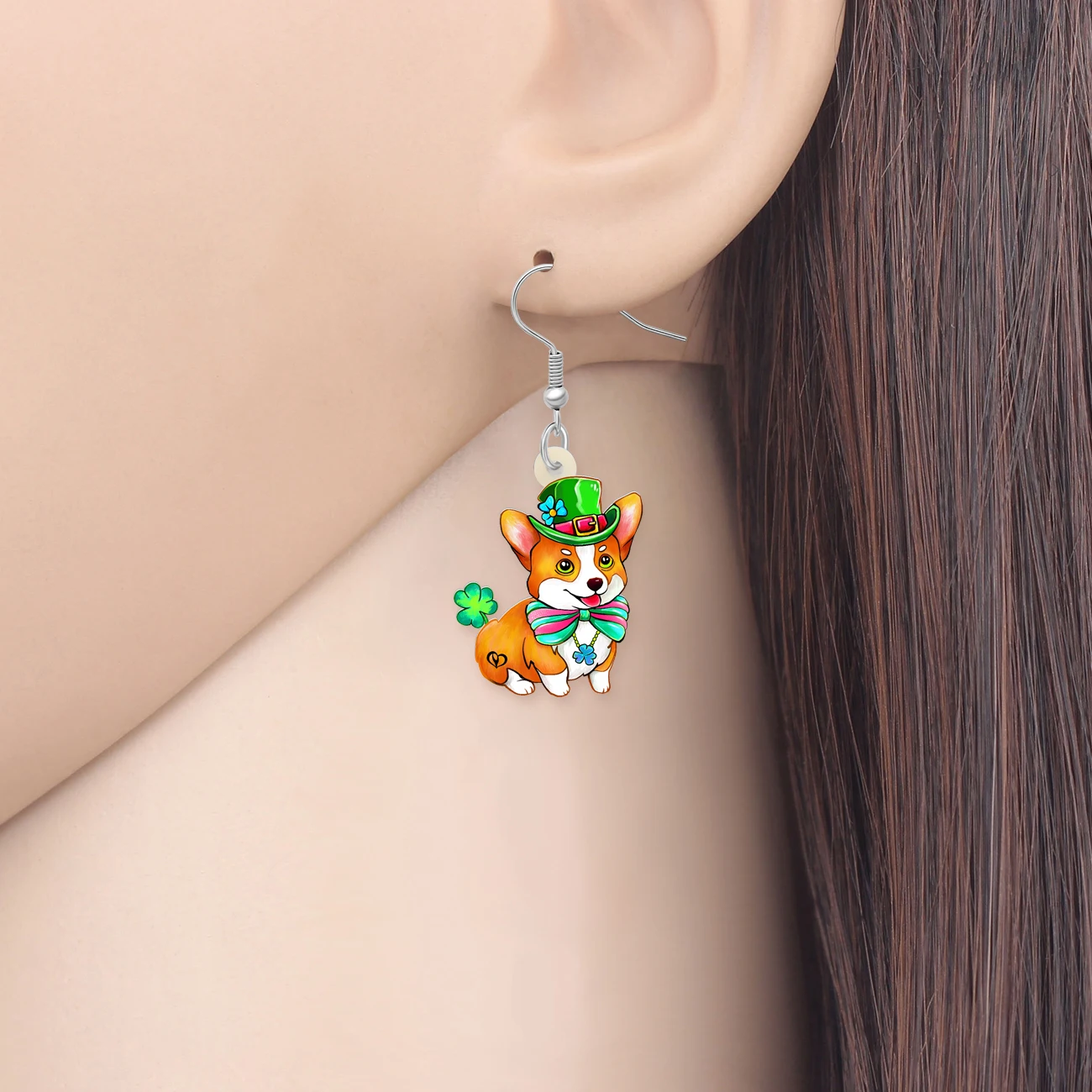 Bonsny Acrylic St Patricks Day Accessories Corgi Earrings Sweet Dog Pet Animals Dangle Drop Fashion Jewelry For Girls Women Gift