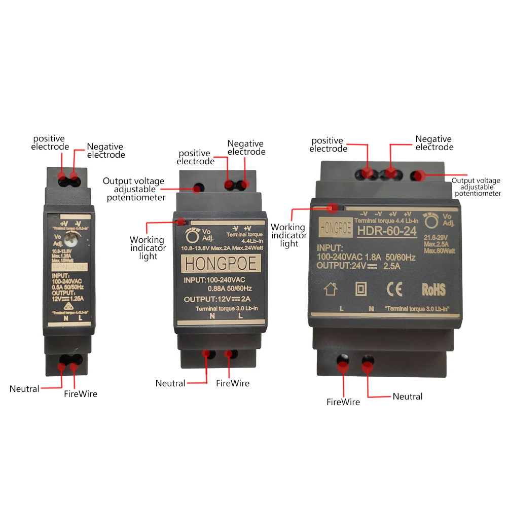 DIN Rail Switching Power Supply 100-240VAC HDR-15W 30W 60W 100W 150W 12V 24V SMPS Ultra-Thin Transformer LED Lighting Driver