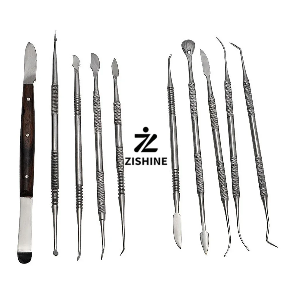 10Pcs Stainless Steel Dental Lab Wax Carver Tool Set Wood Handle Knife Double Ended Spatula Sculpting Kit with Protective Bag