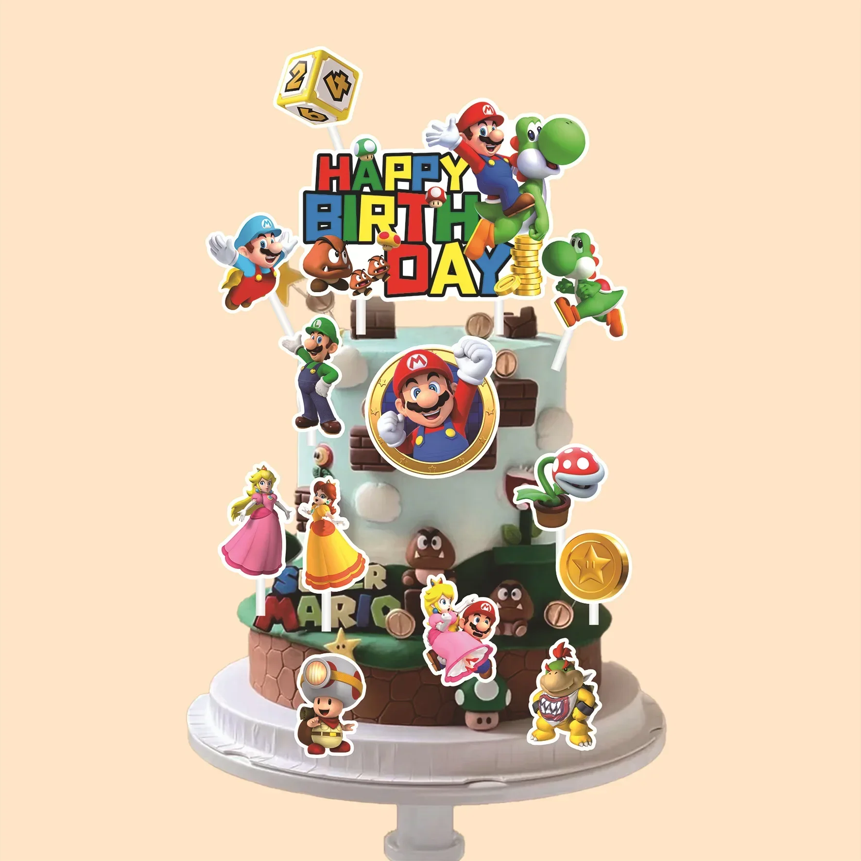 Super Mario Theme Cake Decoration Card Toy Anime Luigi Yoshi Peach Princess Print Party Decoration Supplies Flag Set 1+23 Pieces