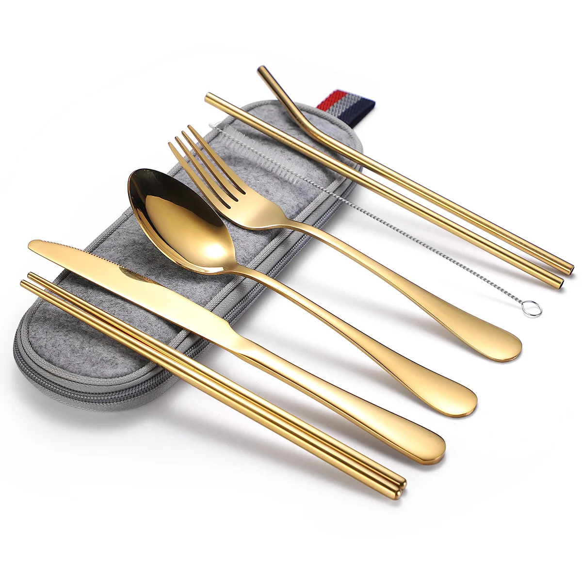 7pcs Stainless Steel Portable Tableware Set Knife Fork Spoon Chopsticks Straw and Brush Products Travel Cutlery Set