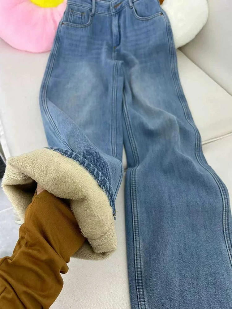 Women's Blue Plush Thicken Denim Pants Winter Oversized High Waist Straight Trousers Lady Fleece Warm Wide Leg Jeans