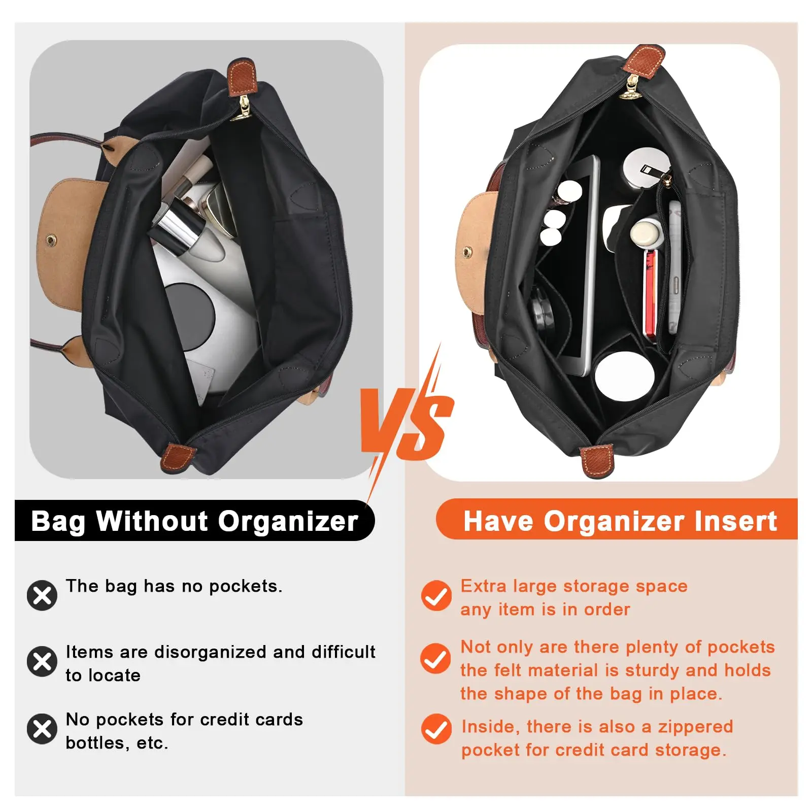 Internal Bag Fits For Longchamp Handbag Liner Bag Felt Cloth Makeup Bag Support Travel Portable Insert Purse Organizer