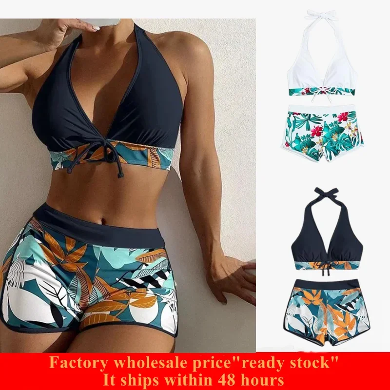 Swimsuit for Women 2 Piece Bikini with Floral Print Bottoms Set Tie Swimwear Halter String Triangle Bathing Suit