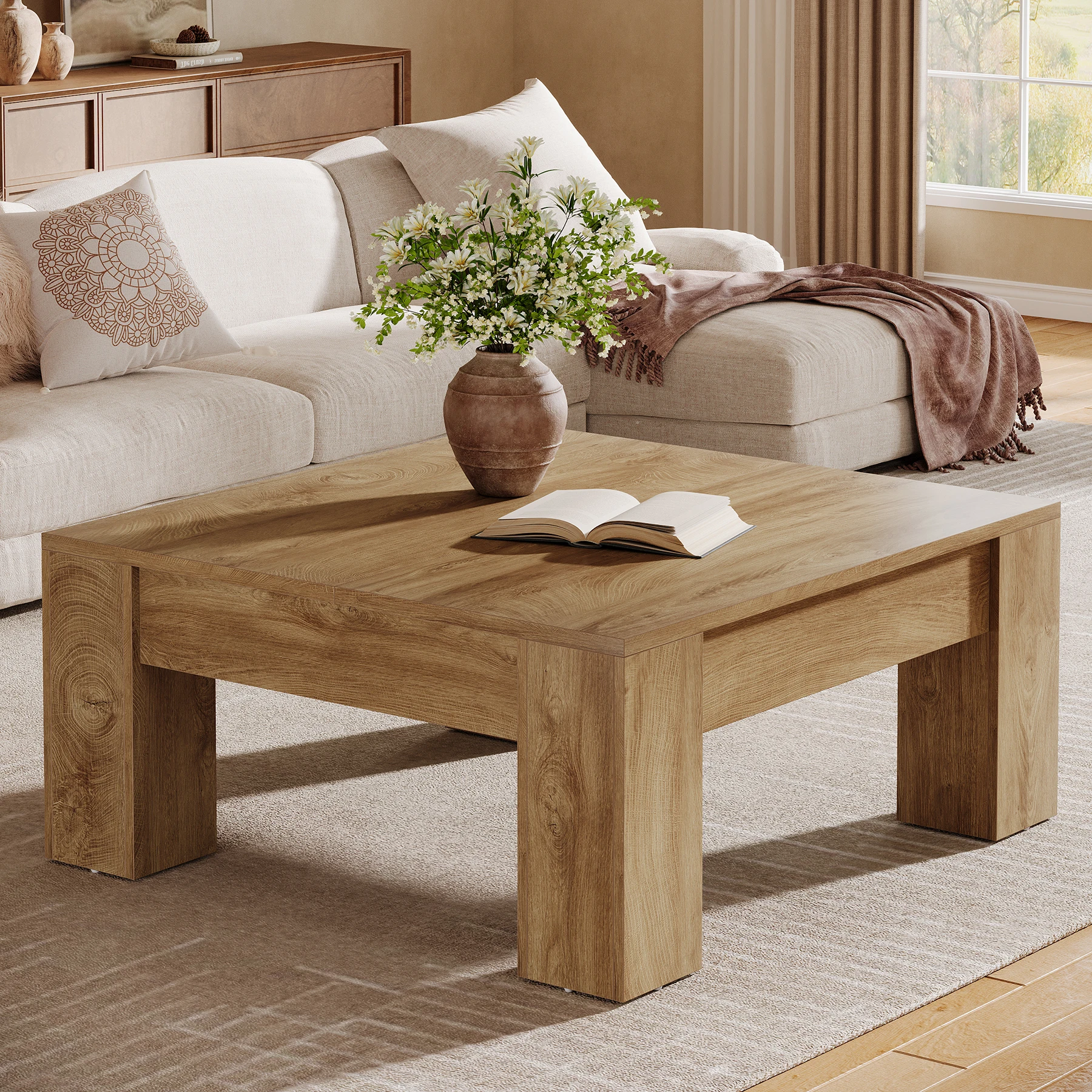 #ji Tribesigns 100cm Square Coffee Table Sturdy Wood Legs Light Brown Living Room Furniture Side Table For Balcony Office