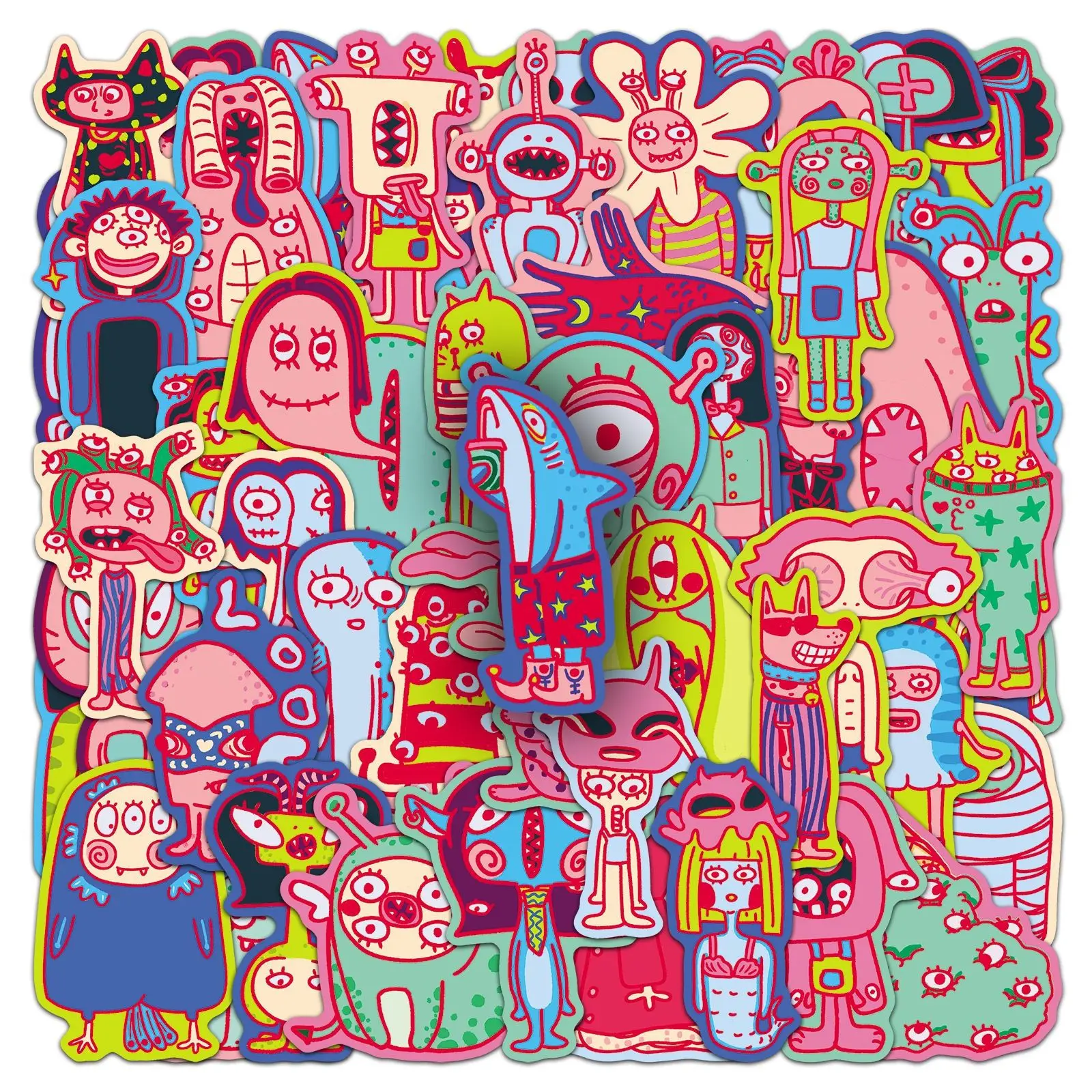 50PCS Cartoon Abstract Monster Funny Contrast Color Graffiti Stickers Decorate Luggage Skateboard Wardrobe Door Waterproof Decal