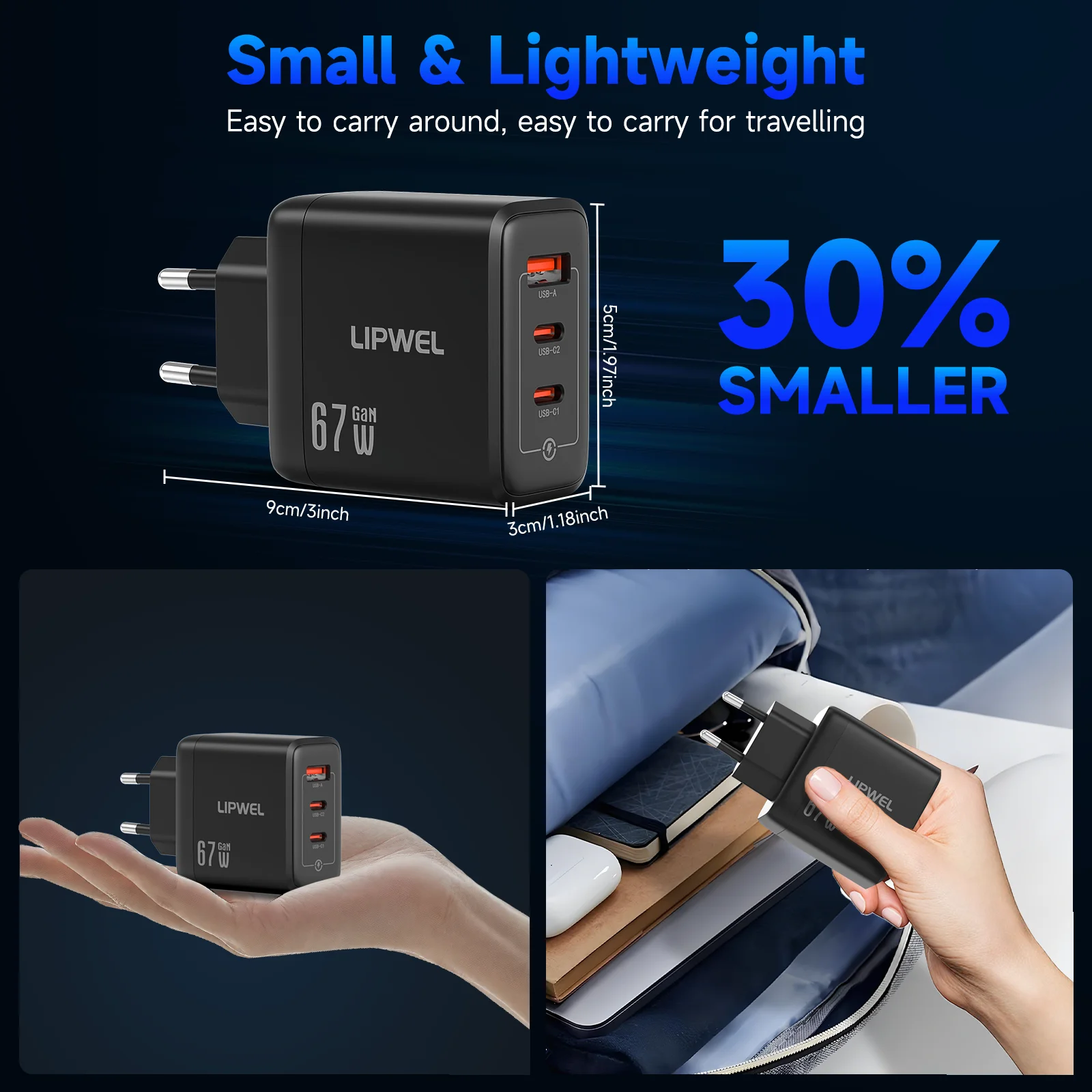 LIPWEL EU 67W Fast Charger USB-C Block, GaN USB Wall Charger for iPhone/Android Multi-Device Charging Station Safety Protection