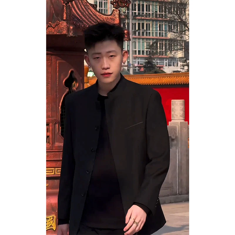 

New Chinese Style Men's Pad Shoulder Suit Jacket Spring Autumn Stand Collar Jacke High-End Feeling Cool Handsome Zhongshan Suit