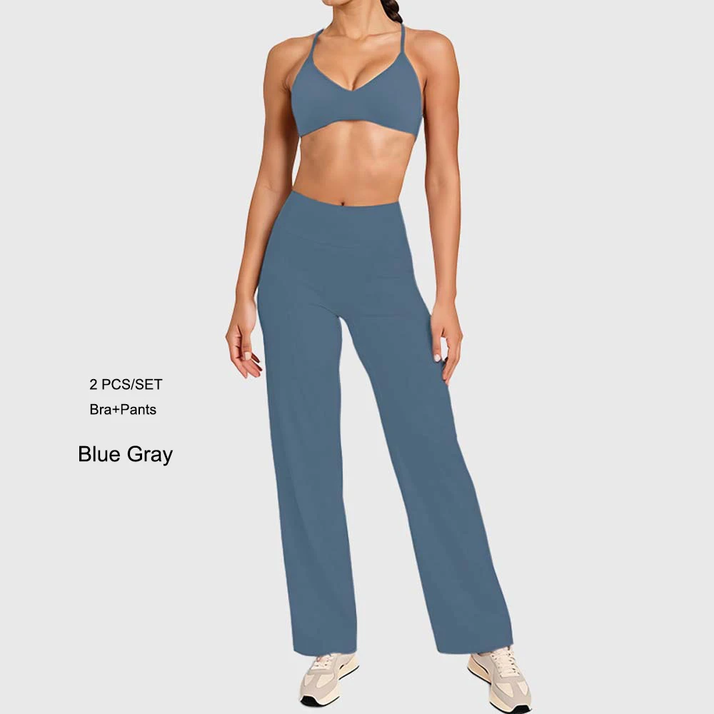 ชุดออกกำลังกายผู้หญิงแบบ 2 ชิ้น เสื้อชั้นในทรงสลิมฟิต กางเกงขายาวทรงกว้าง ชุดฟิตเนส ชุดออกกำลังกาย ชุดกีฬา เอวสูงทรงสลิมฟิต