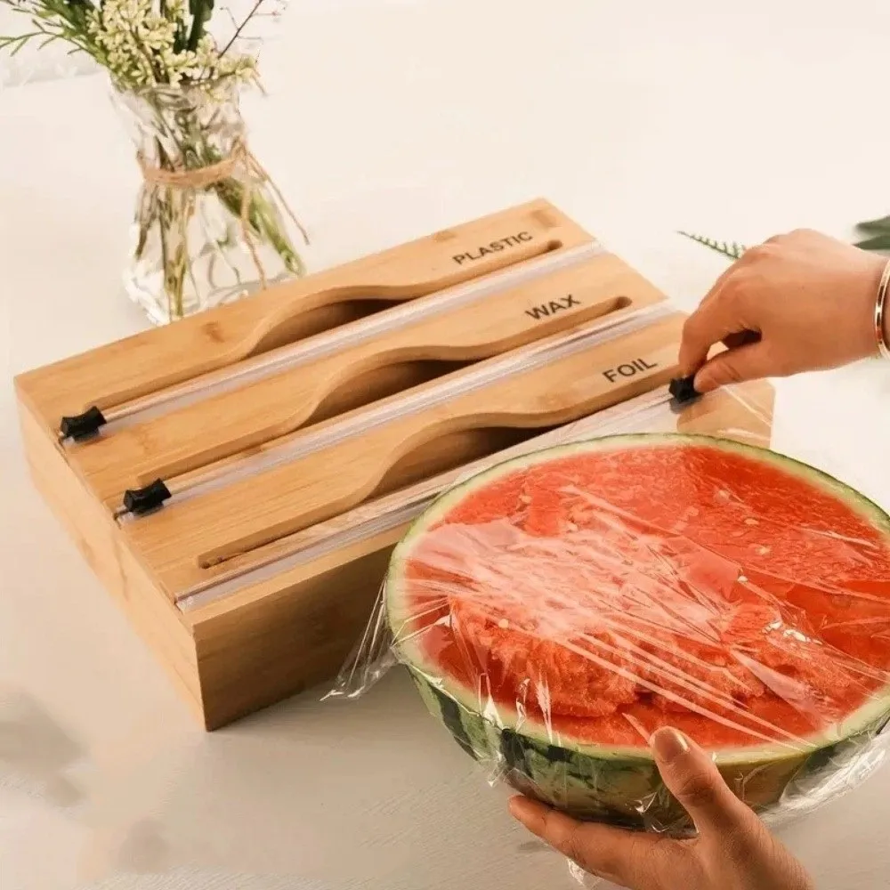 Bamboo Cling Film Cutter Box 2 /3 Grids Wall Mounted Plastic Wrap Cutter Box Minimalist Refillable Tin Foil Cutter Home Storage