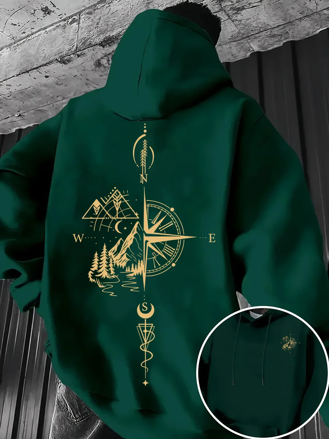 Men's Loose-Fit Hooded Sweatshirt Compass Mountain and Forest Graphic Warm Outdoor & Streetwear for Autumn_Winter