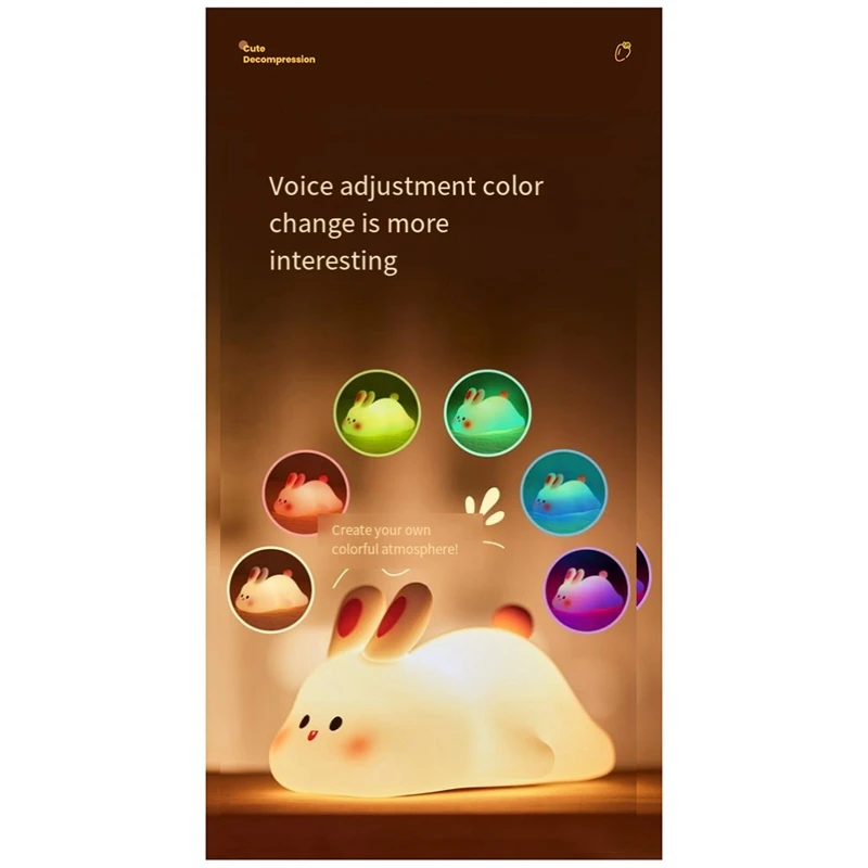 Big Face Rabbit Light LED Portable Rechargeable Bunny Lamp Night Light For Baby Nursery USB Dimmable Rabbit Night Lamp Durable