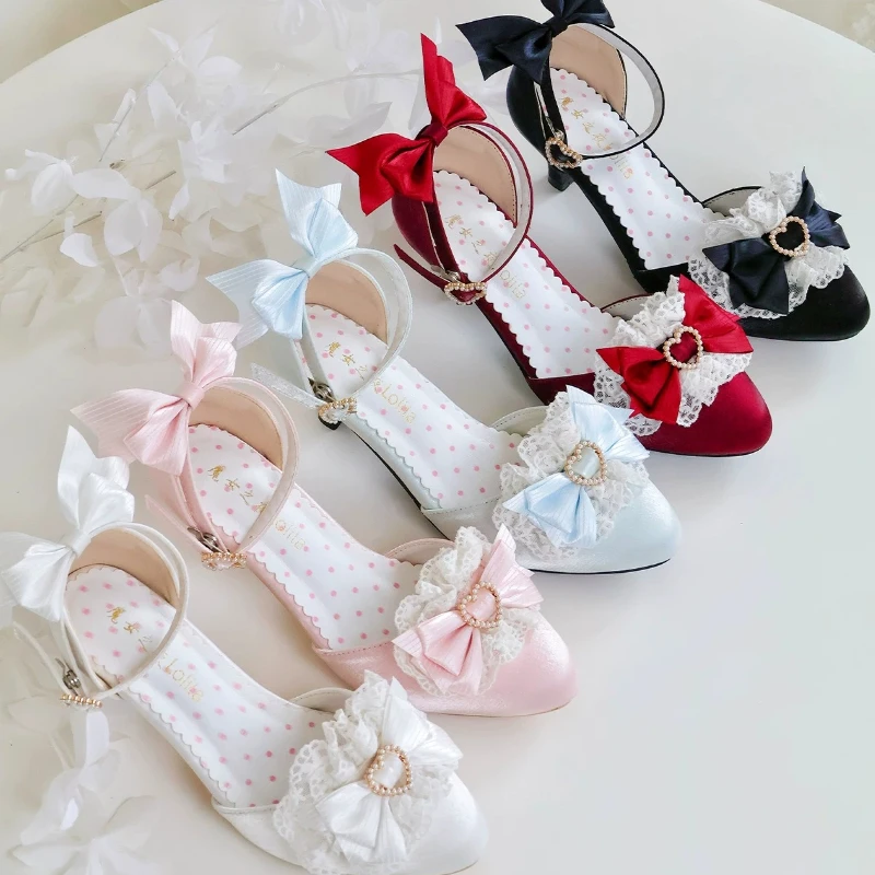 2026 Summer New Japanese Sweet and Cute Original Lolita Satin Bow Love High Heel Sandals Lace Ballet Pointed Sandals for Women