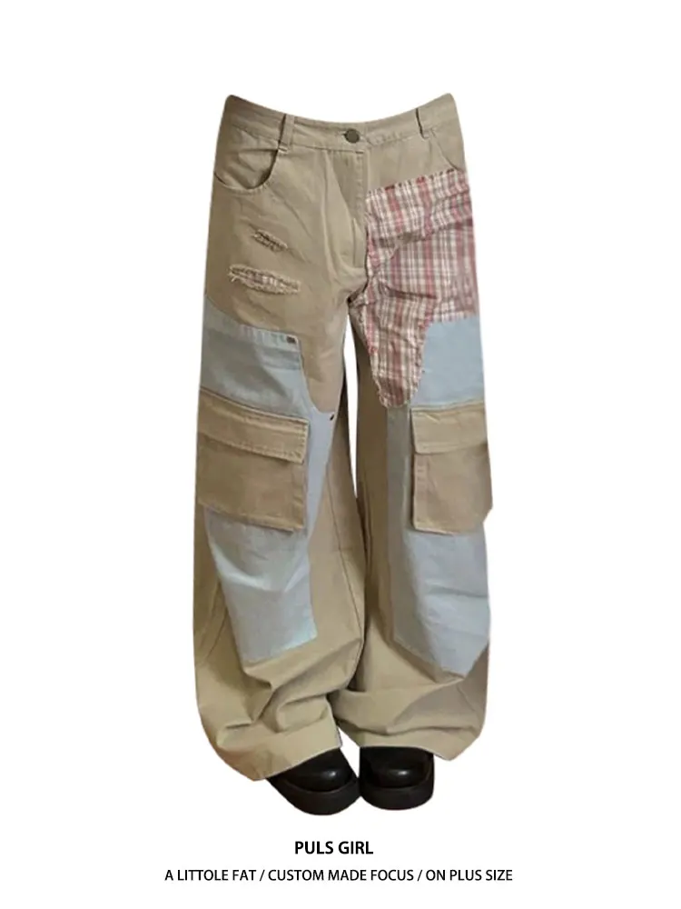 

Large Size American Street Style Washed Plaid Patchwork Logging Work Pants Women's Wide Leg Long Trousers Casual High Waist