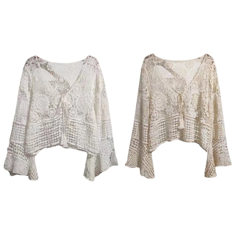 

Hollowed Crochet Knitted Loose Cover Up Beach Vacation Flared Long Sleeve Tie Drawstrings Pullover Crop Top for Womens