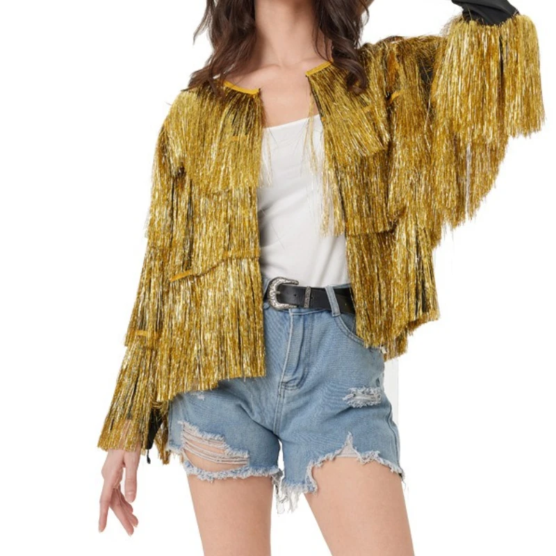 

Серебряная куртка с длинными рукавами и кисточками, осень 2022, дизайн Sense, женская куртка-кардиган на Хэллоуин