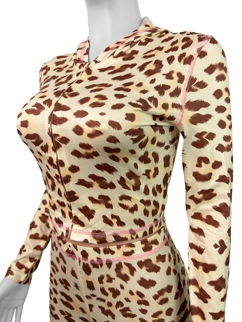 Fatos de treino com estampa de leopardo feminino casual rua 2 peça conjunto manga longa zíper com capuz colheita topos + calças de cintura alta alargamento ternos