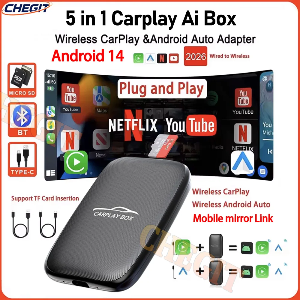 

New 5 in 1 Android14 Carplay Ai Box Wireless Android Auto Adapter 2+16G TV For Youtube Netflix For VW Benz Ford 99% of Cars